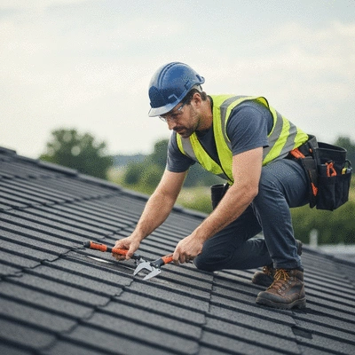 Un professionnel inspectant une toiture pour l'entretien préventif, mettant en évidence la sécurité et l'efficacité