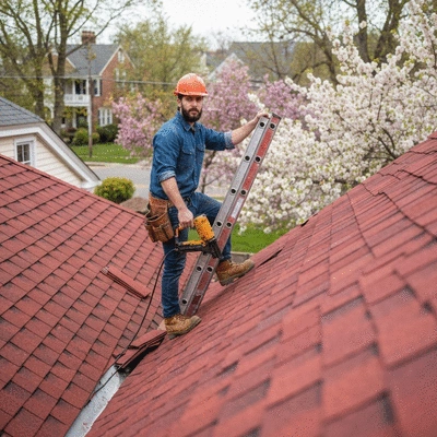 Professionnel inspectant une toiture avec équipement de sécurité