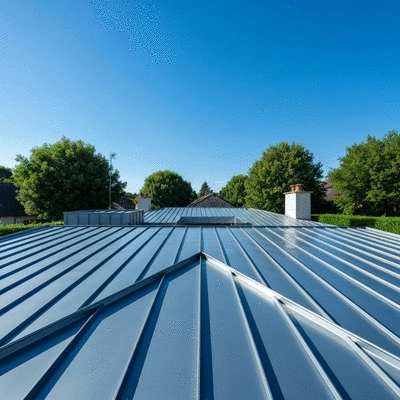 Toiture en zinc moderne sur une maison à Angoulême, avec un ciel clair et un environnement verdoyant