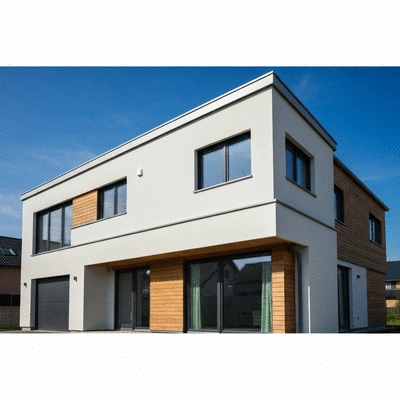 Modern house with newly installed exterior insulation and waterproofing, clean architecture