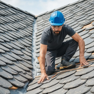 Professional roofer inspecting a roof, showing attention to detail and personalized service, no text, no words, no typography, clean image