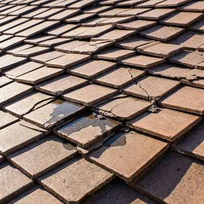 Gros plan sur des tuiles de toit endommagées avec des fissures, montrant des signes d'urgence toiture