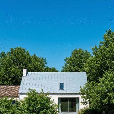 Modern zinc roof on a house in Charente, France, with a blue sky background and green trees, no text, no words, no typography, clean image