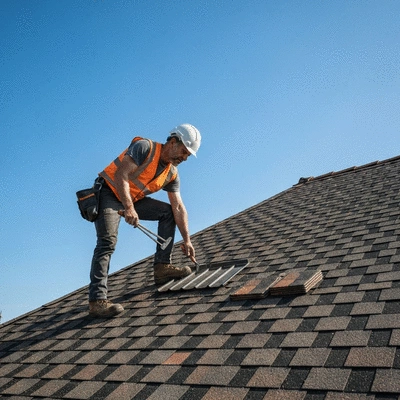Professional roofer inspecting a residential roof in Angoulême, France, with a clear blue sky, no text, no words, no typography, 8K