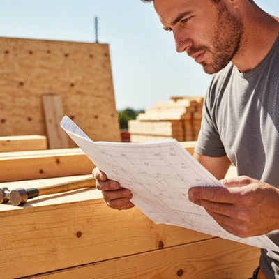 Gros plan sur un charpentier examinant un plan de toiture sur un chantier, avec des outils et des matériaux de construction en arrière-plan, lumière naturelle, no text, no words, no typography, clean image