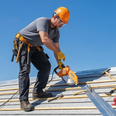 Couvreur zingueur installant des éléments en zinc sur une toiture, ciel bleu, outils professionnels