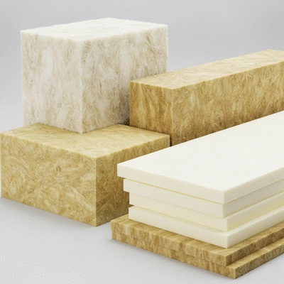 Various insulation materials like fiberglass, cellulose, and rigid foam boards arranged neatly, no text, no words, no typography, no labels, clean image