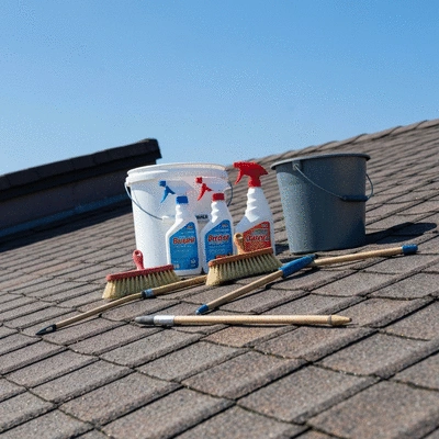 Roof maintenance tools and cleaning products on a clean roof