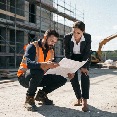 Roofing contractor reviewing building plans with a client