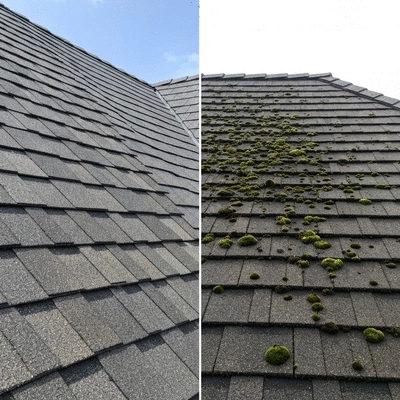 Close-up of a house roof showing clean and dirty sections, illustrating the difference before and after cleaning, clean image, no text, no words, no typography