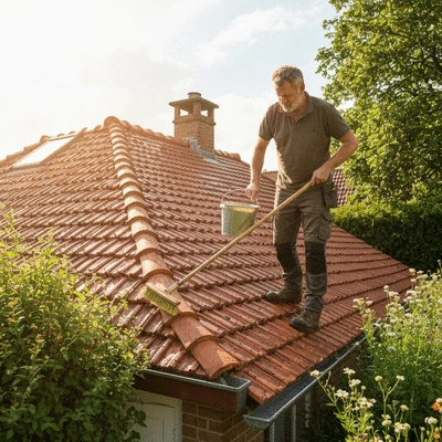 Un ouvrier nettoie un toit avec des produits naturels, accent sur la durabilité