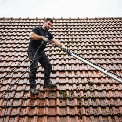 Professional roofer cleaning a tile roof with specialized equipment