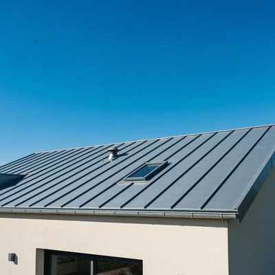 Modern zinc roof on a house in Charente, France, under a clear sky, no text, no words, no typography, clean image