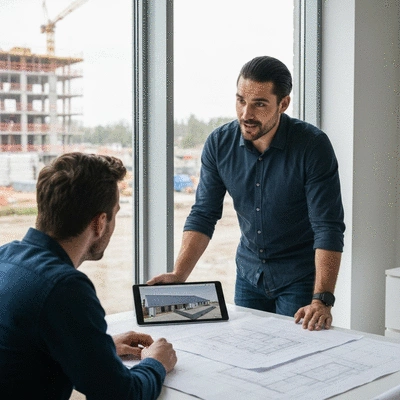 Architecte discutant du plan de toiture en zinc avec un client