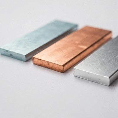 Gros plan sur des échantillons de zinc, cuivre et aluminium, illustrant leurs textures et couleurs différentes
