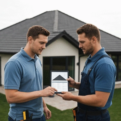 Client discutant avec un couvreur sur une tablette, avec un toit en arrière-plan