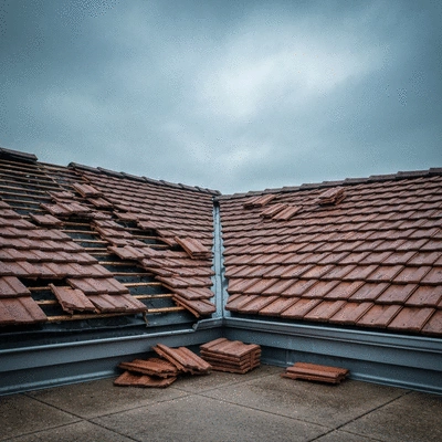 Toiture endommagée après une tempête avec des tuiles déplacées