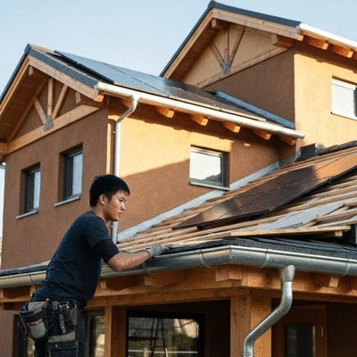 Modern house with newly installed zinc gutters, a professional roofer inspecting the work