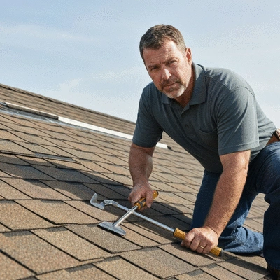 Couvreur professionnel inspectant une toiture résidentielle avec des outils, no text, no words, no typography, 8K, photographie réaliste