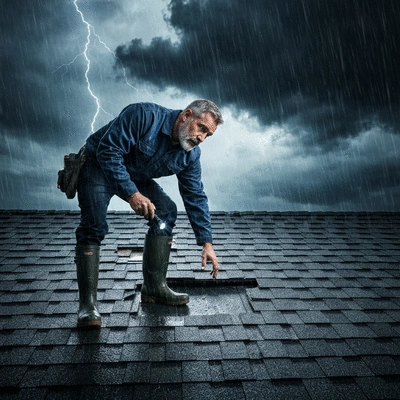 Couvreur inspectant une toiture endommagée sous un ciel orageux