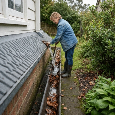 Personne nettoyant une gouttière obstruée, avec des feuilles et de l'eau stagnante