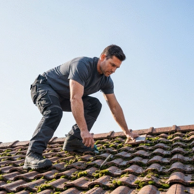 Professional inspecting roof tiles for moss and debris