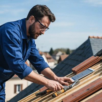 Couvreur zingueur sur un toit, démontrant des compétences techniques avec une vue partielle des outils et du plan sur une tablette, no text, no words, no typography, clean image