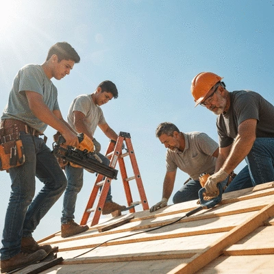Team of roofers collaborating on a roof project, showing teamwork and efficiency, no text, no words, no typography, clean image