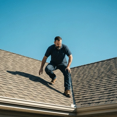 Professional roofer inspecting a residential roof for damage
