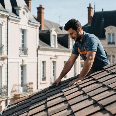 Professional roofer inspecting a residential roof in Angoulême
