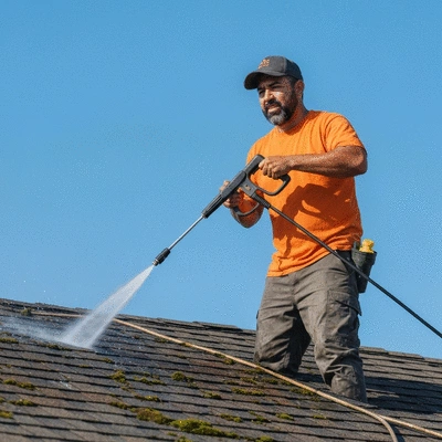 Professional roof cleaner using a pressure washer on a roof, clean image, no text
