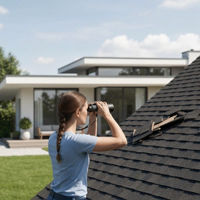 Homeowner inspecting roof from a safe distance, clean image, no text