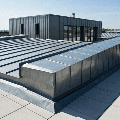 Rooftop with newly installed zinc elements, showcasing quality craftsmanship