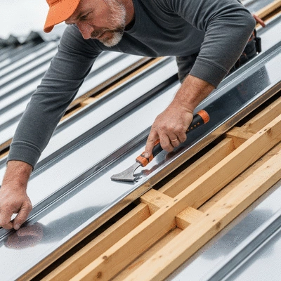 Close-up view of a professional installing a zinc roof, highlighting the craftsmanship and durability, no text, no words, no typography, clean image