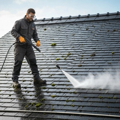 Professional cleaning a roof with a pressure washer, focus on safety equipment and clean results, no text, no words, no typography, clean image