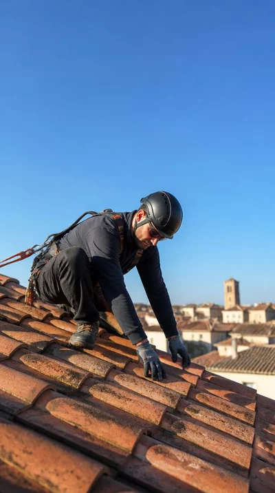 Professional roof cleaner wearing safety gear on a roof in Angoulême