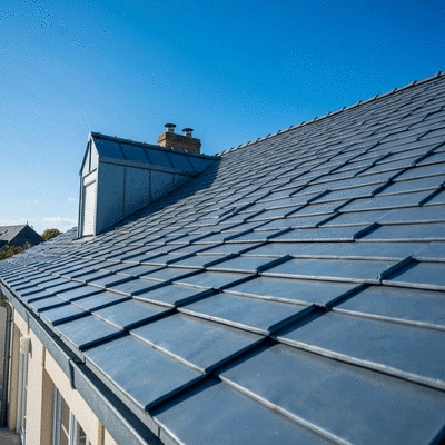 Modern zinc roofing on a house in Angoulême under a clear sky