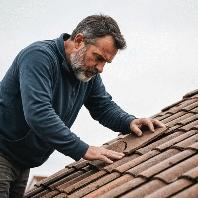 Expert inspectant une tuile de toit fissurée