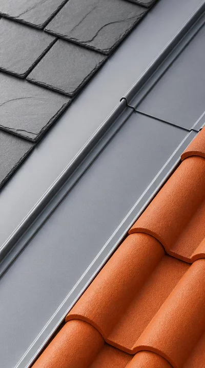 Close-up of three different roofing materials: slate, zinc, and terracotta tiles, arranged neatly