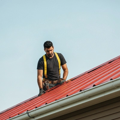 Zingueur professionnel inspectant une gouttière sur un toit