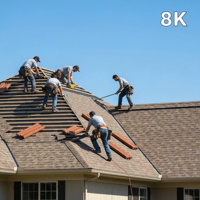 Professional roofers installing roof tiles on a residential house, ensuring safety and durability