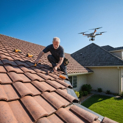 Couvreur inspectant un toit avec un drone