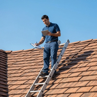 Professional inspecting a roof with a checklist and tablet