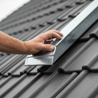 Close-up of a hand installing a zinc gutter on a modern roof, showing precision work, no text, no words, no typography, no labels, clean image