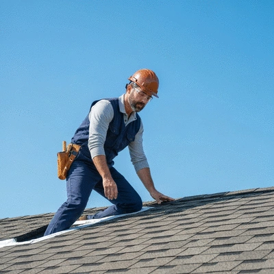 Professional inspecting a clean, well-maintained roof with blue sky in the background, no text, no words, no typography, clean image