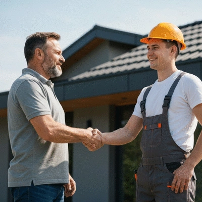 Client discutant avec un couvreur zingueur souriant après les travaux de réparation