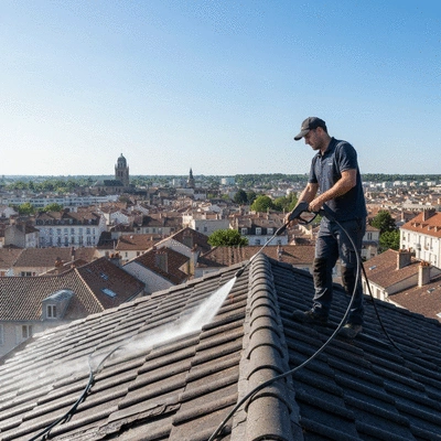 Professional cleaning a roof with a pressure washer, Angoulême cityscape in background