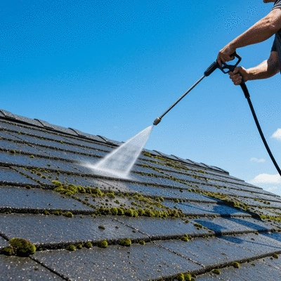 Gros plan d'un professionnel nettoyant une toiture avec un nettoyeur haute pression, éliminant la mousse et la saleté, ciel bleu en arrière-plan