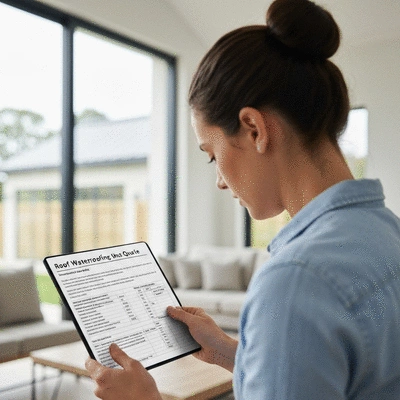 Homeowner reviewing a detailed quote for roof waterproofing services, modern home background
