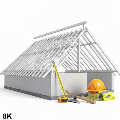 Architectural drawing of a roof structure with construction tools and safety equipment in the foreground, no text, no words, no typography, 8K